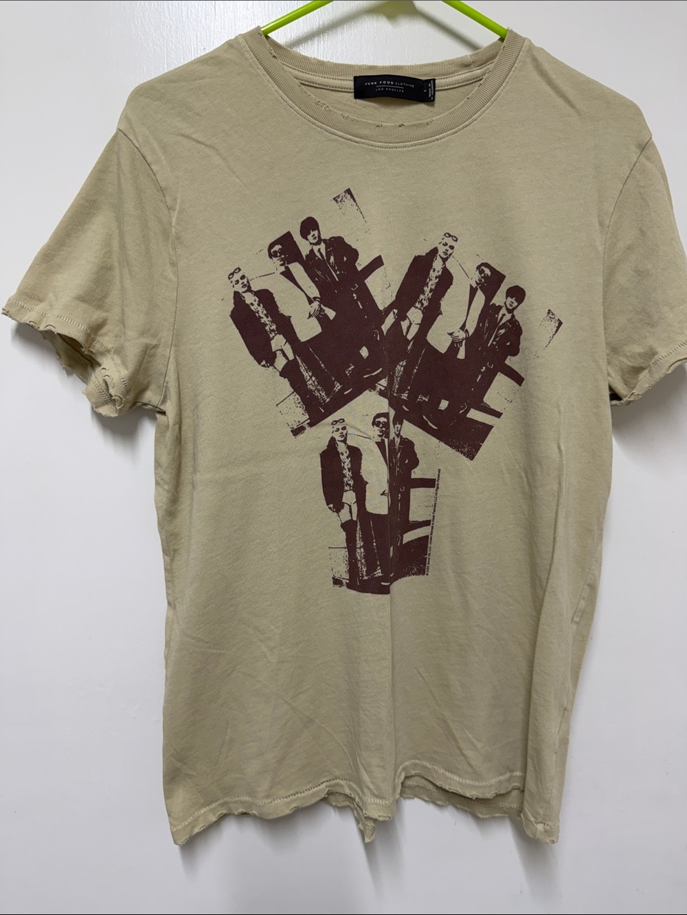 Blondie Beige Tee with Maroon Band Graphic distressed.